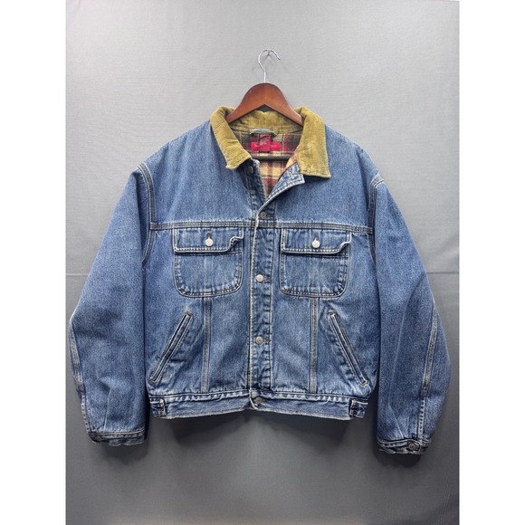 Banana Republic Vintage Denim Trucker Jacket Plaid Lined Corduroy Collar Mens L